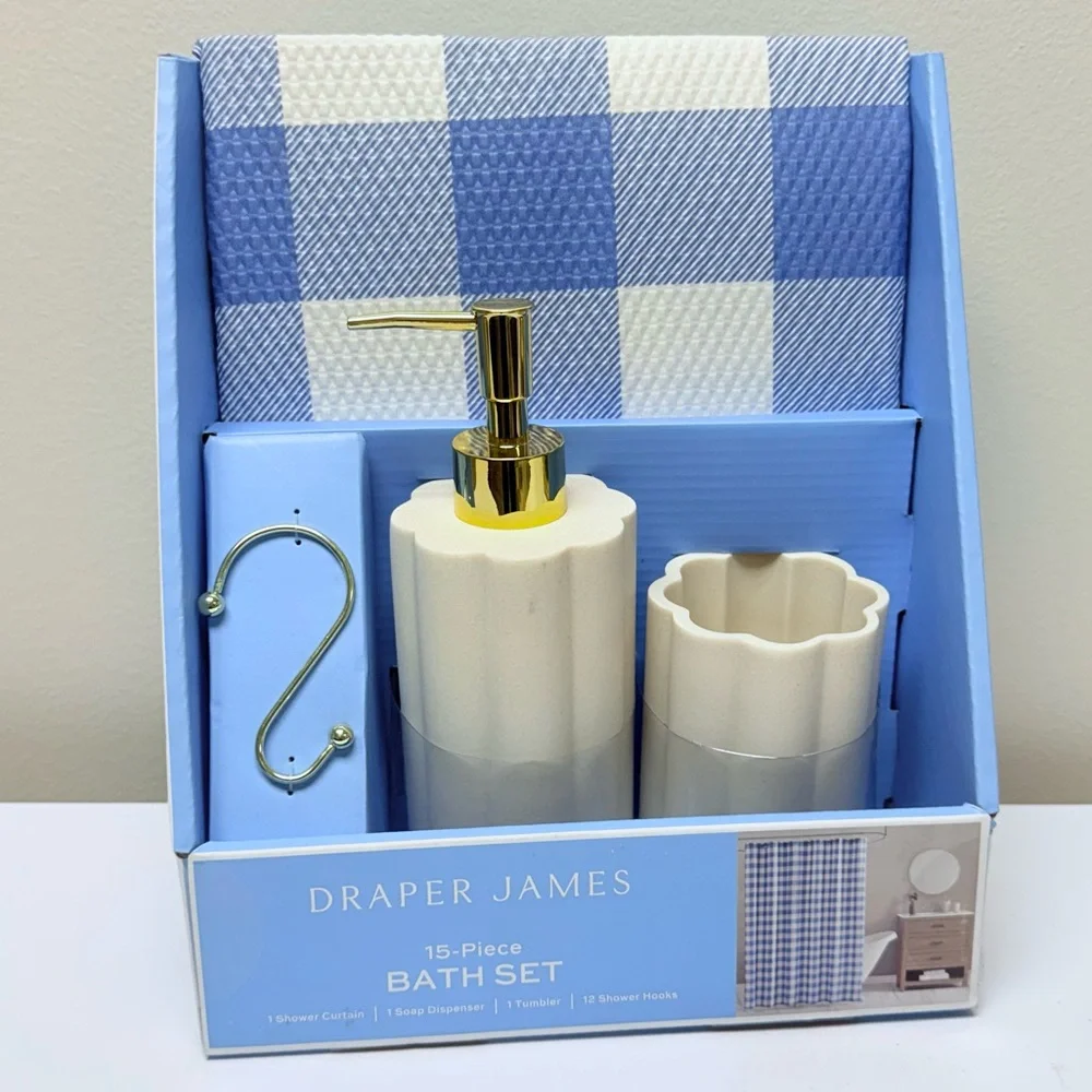 Draper James 15-Pc Bath Set Blue Gingham Shower Curtain, Soap Dispenser, Tumbler